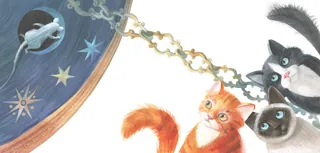 Cats looking at a celestial clock with stars and moon by Victoria Fomina