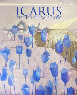 Icarus poster with wings and blue tulips by Victoria Fomina