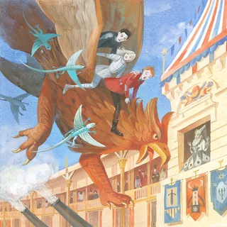 Children riding a giant bird over a castle, painted by Victoria Fomina