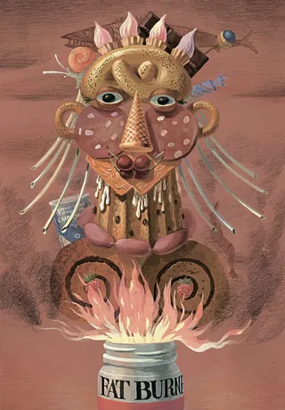 Surreal abstract figure emerging from a fat burner jar by Victoria Fomina