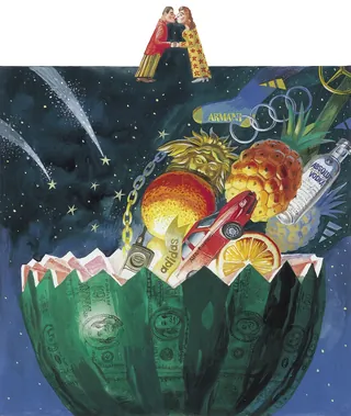 Surreal melon made of dollar bills with cosmic fruit, red car, and two women on top by Victoria Fomi