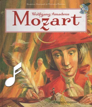 Illustration of Wolfgang Amadeus Mozart writing music with a quill