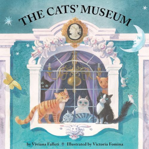 Illustration of cats looking through a museum window under night sky