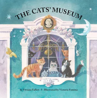 Illustration of cats looking through a museum window under night sky