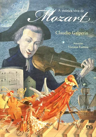 Illustration of Mozart playing violin with musical notes and ships