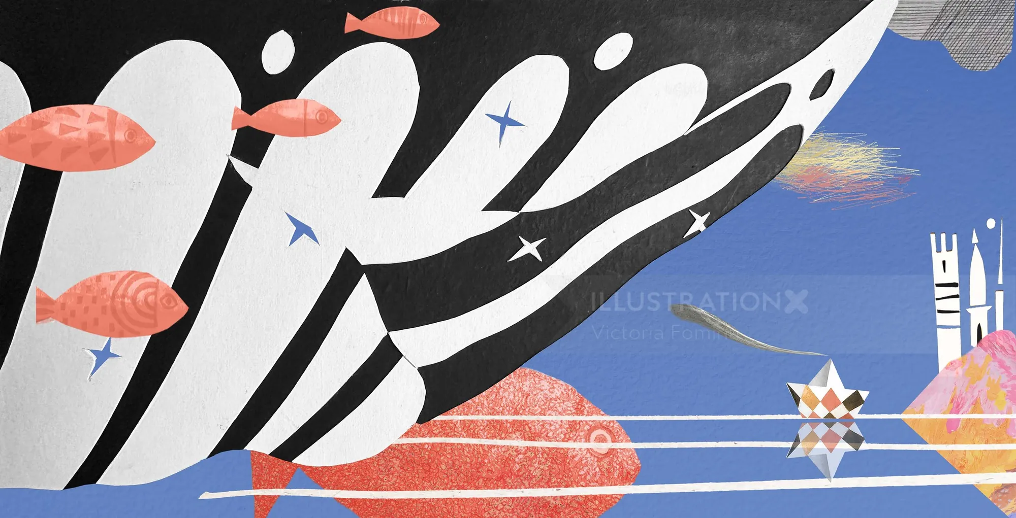 Abstract illustration with black and white shapes, red fish, and geometric forms