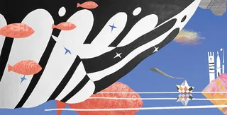 Abstract illustration with black and white shapes, red fish, and geometric forms