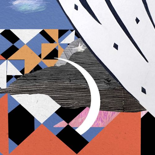 Colorful geometric pattern with moon and bird on dark background