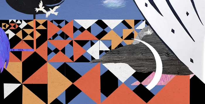 Colorful geometric pattern with moon and bird on dark background