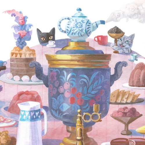Cats around a table with tea and desserts, whimsical illustration