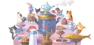 Cats around a table with tea and desserts, whimsical illustration