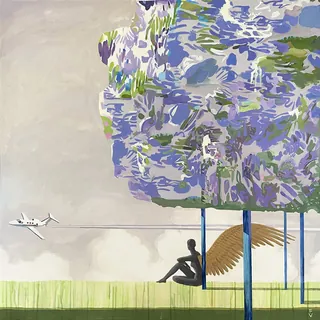 Winged figure sitting under abstract blue structure with airplane flying nearby.