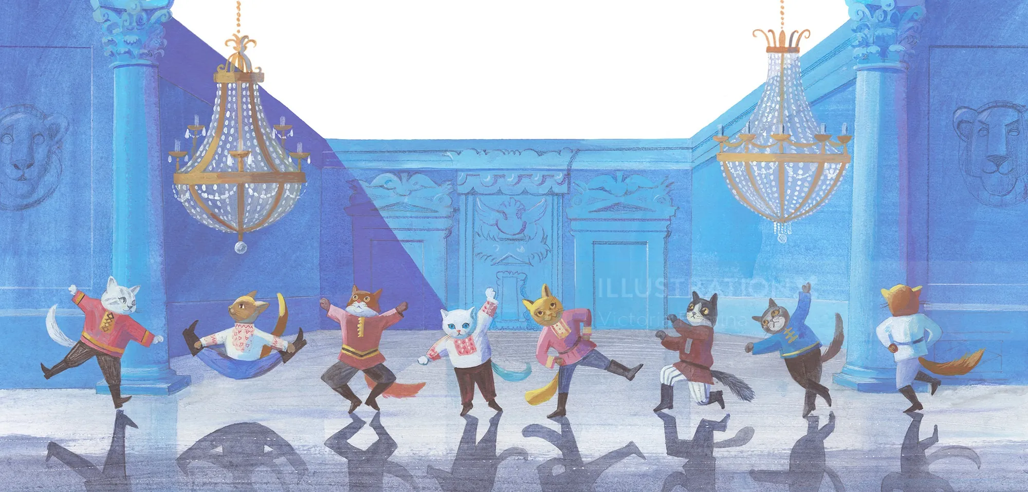 Cats dancing on an ornate museum floor with chandeliers above