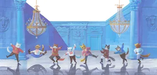 Cats dancing on an ornate museum floor with chandeliers above