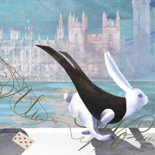 Illustration of a black and white rabbit with a cityscape and pocket watch