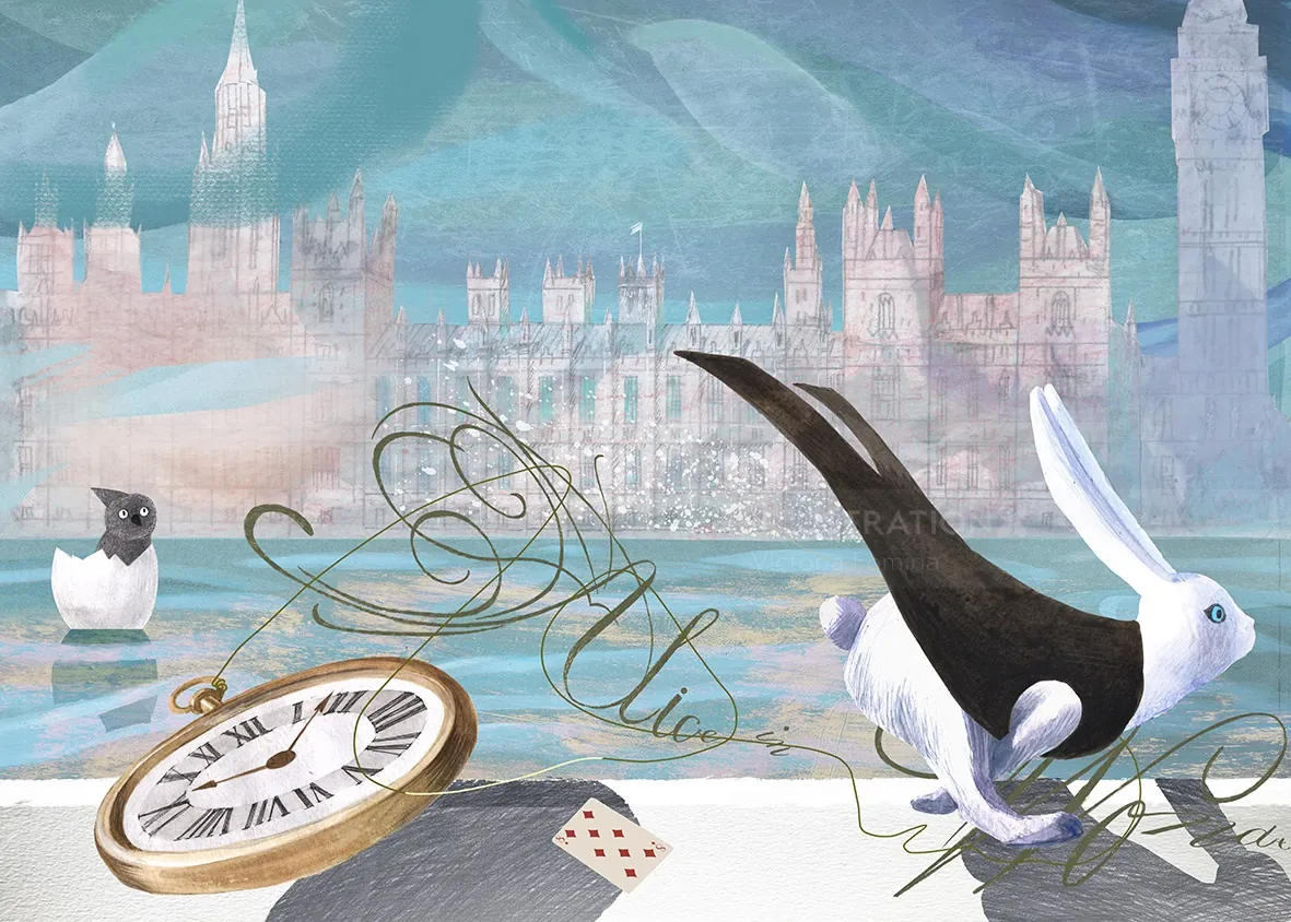 Illustration of a black and white rabbit with a cityscape and pocket watch