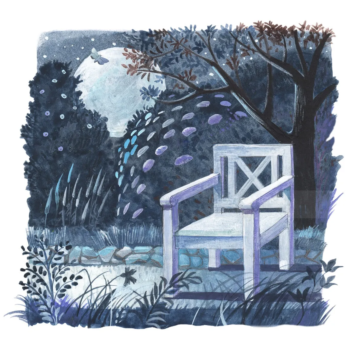 White garden chair under moonlit tree in nighttime garden