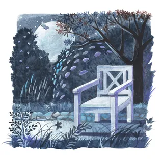 White garden chair under moonlit tree in nighttime garden