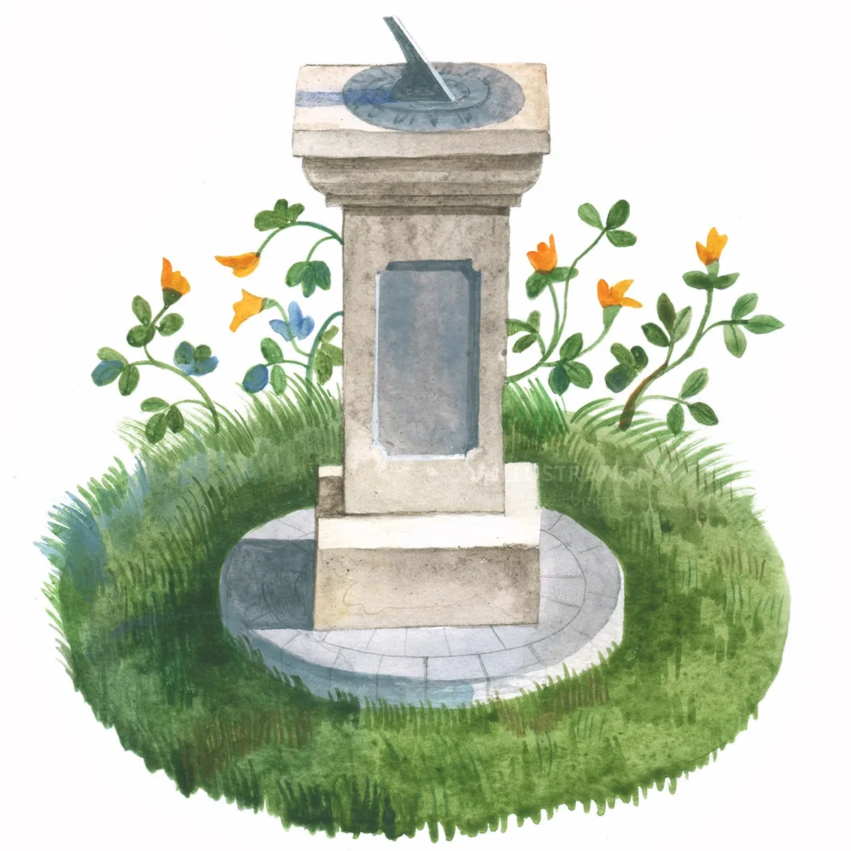 Stone sundial on grassy patch with yellow flowers and clovers