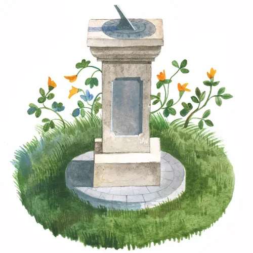 Stone sundial on grassy patch with yellow flowers and clovers
