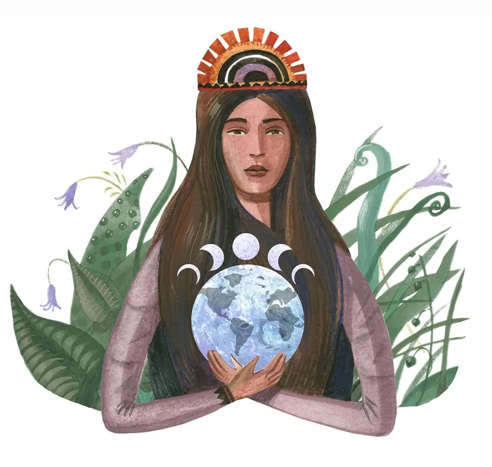 Woman holding Earth with plants and moon phases around her