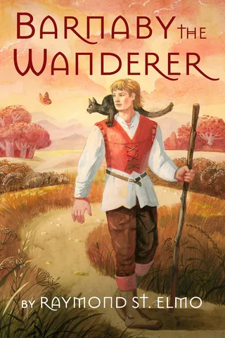 Barnaby the Wanderer holding stick with cat on shoulders in countryside