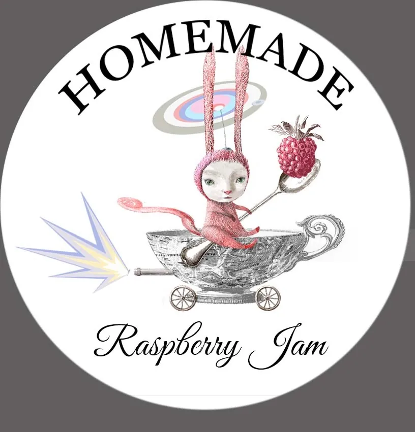 Illustration of rabbit in teacup cart holding a raspberry
