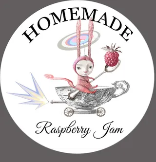 Illustration of rabbit in teacup cart holding a raspberry