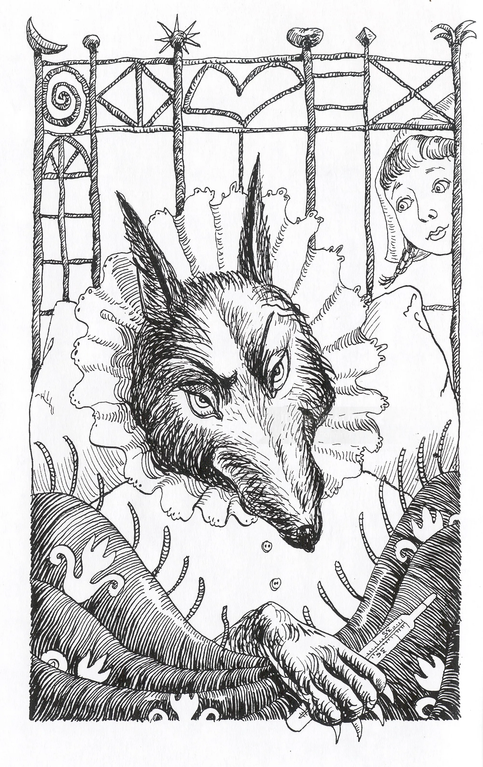 Black and white illustration of Little Red Riding Hood and wolf disguised as grandma by Victoria Fom