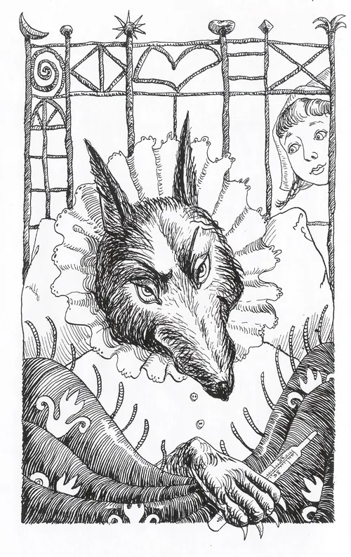 Black and white illustration of Little Red Riding Hood and wolf disguised as grandma by Victoria Fom
