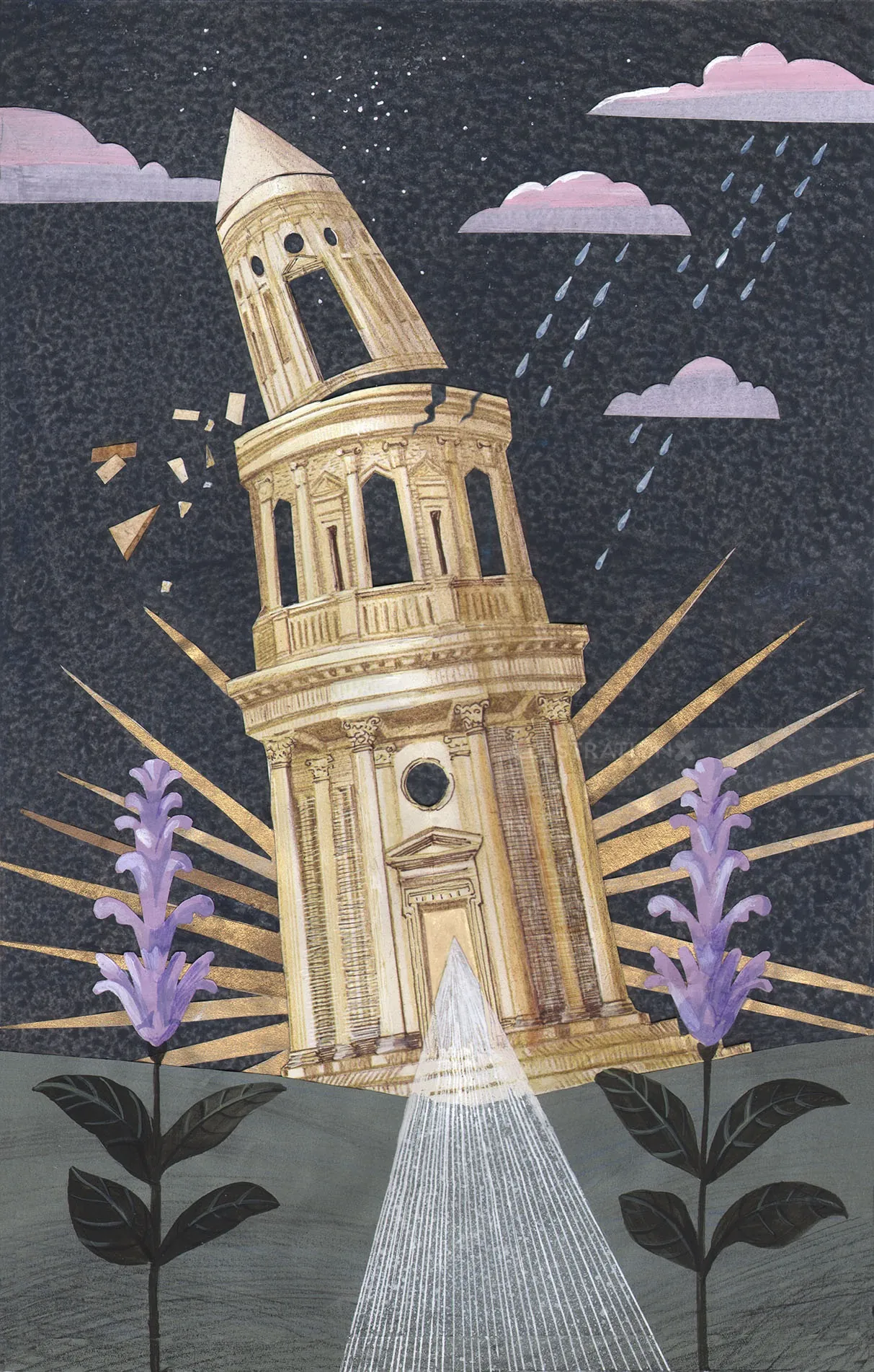 Leaning classical tower with rain clouds and purple plants by Victoria Fomina