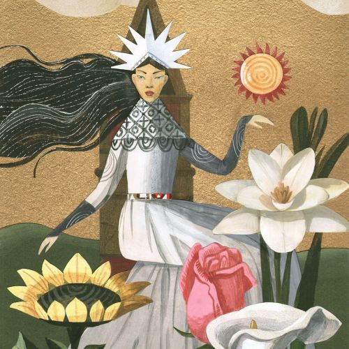 Woman in white dress surrounded by large flowers, artwork by Victoria Fomina