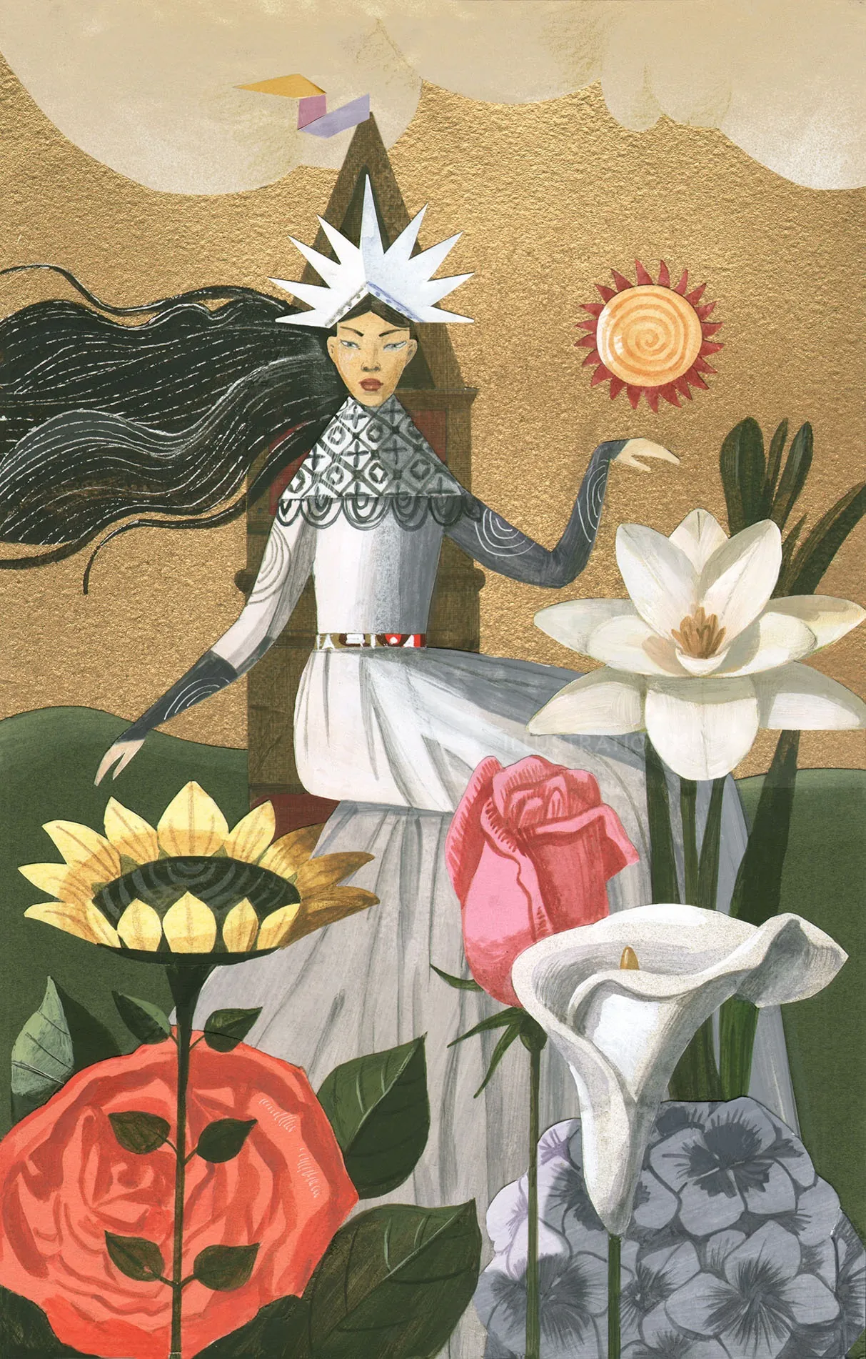 Woman in white dress surrounded by large flowers, artwork by Victoria Fomina
