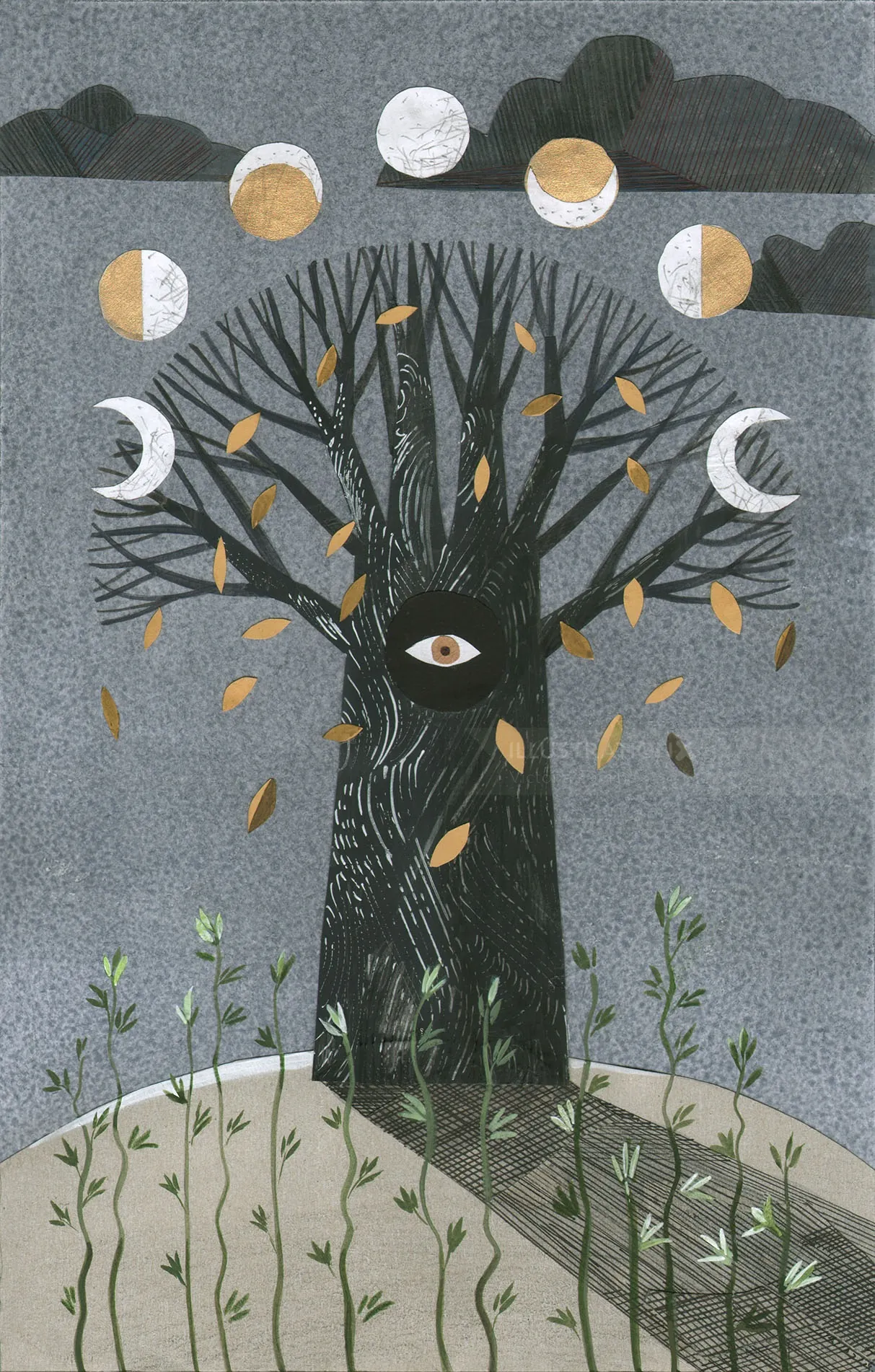 Surreal tree with an eye and moon phases above, by Victoria Fomina