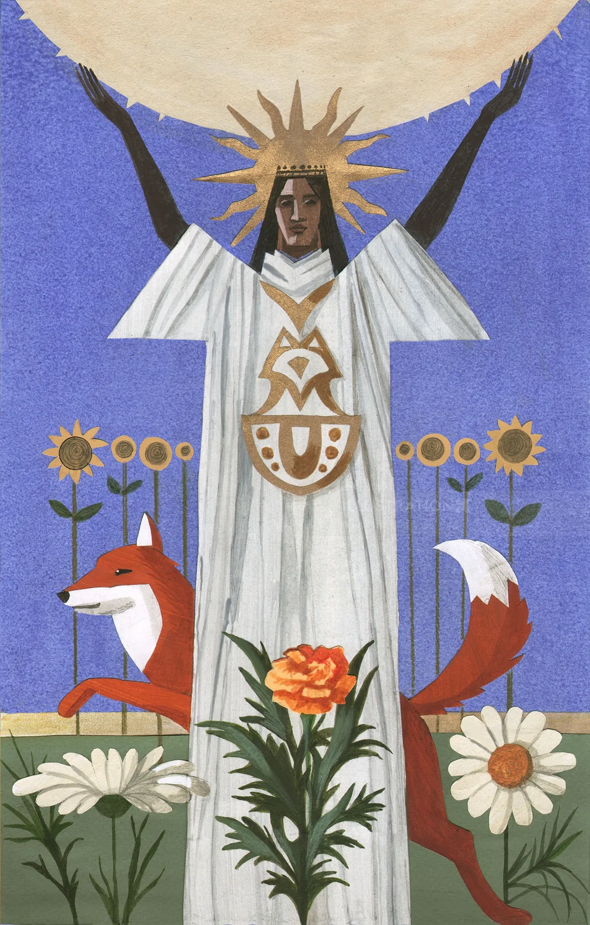 Woman in white robe with sun motifs, fox, and flowers by Victoria Fomina