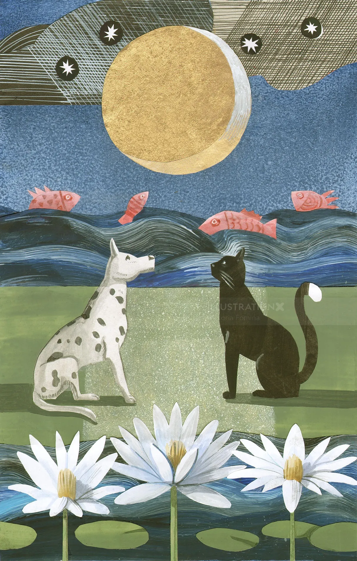 絵画。原画【神秘的な花の基地で、猫ちゃんたちは月を持って未来を楽しみにしている】 Cats and Dogs Under a Moonlit Sky | Illustration by Victoria Fomina