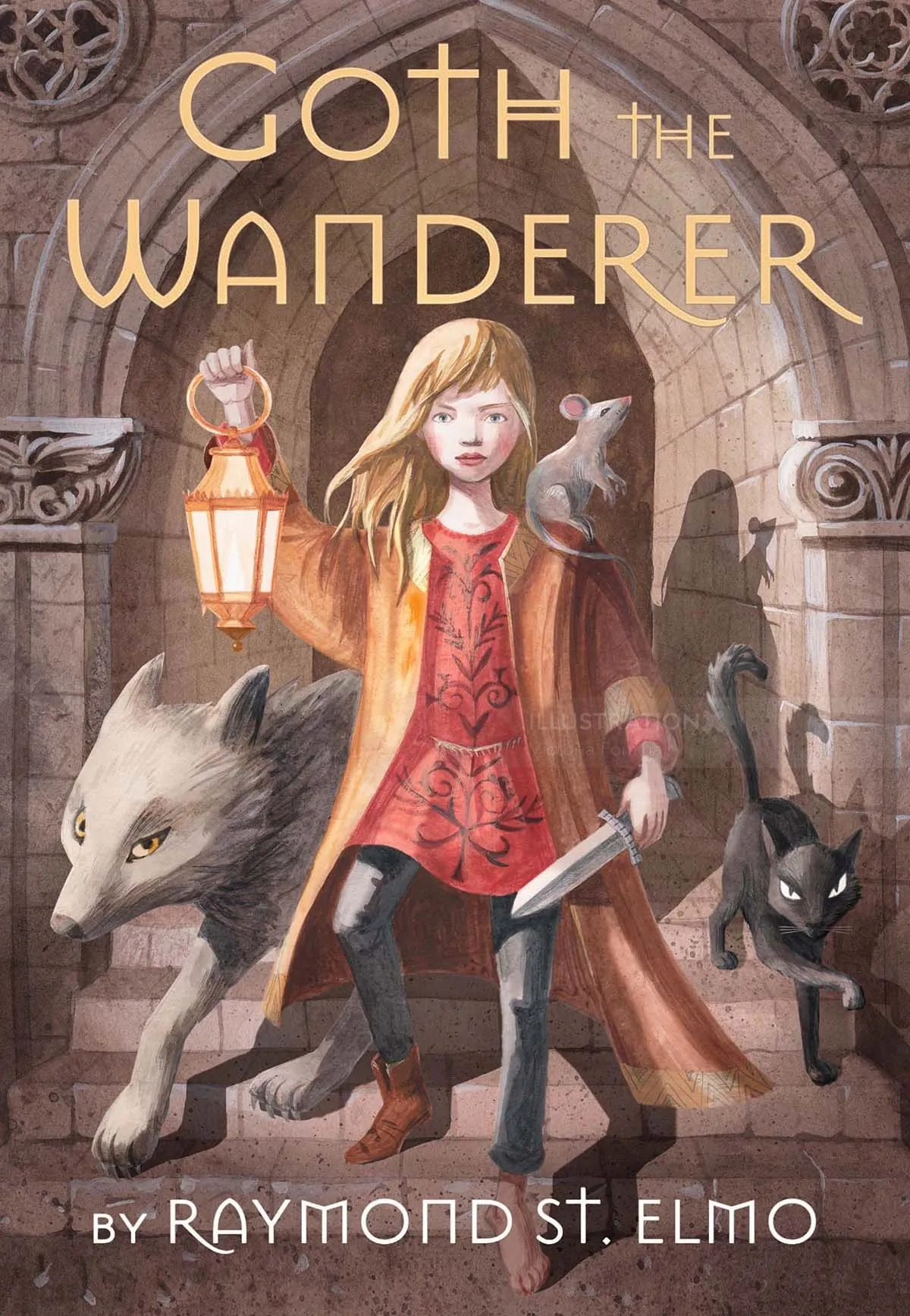 Book cover of Goth the Wanderer with girl holding lantern, wolf, cat, and bird by Victoria Fomina