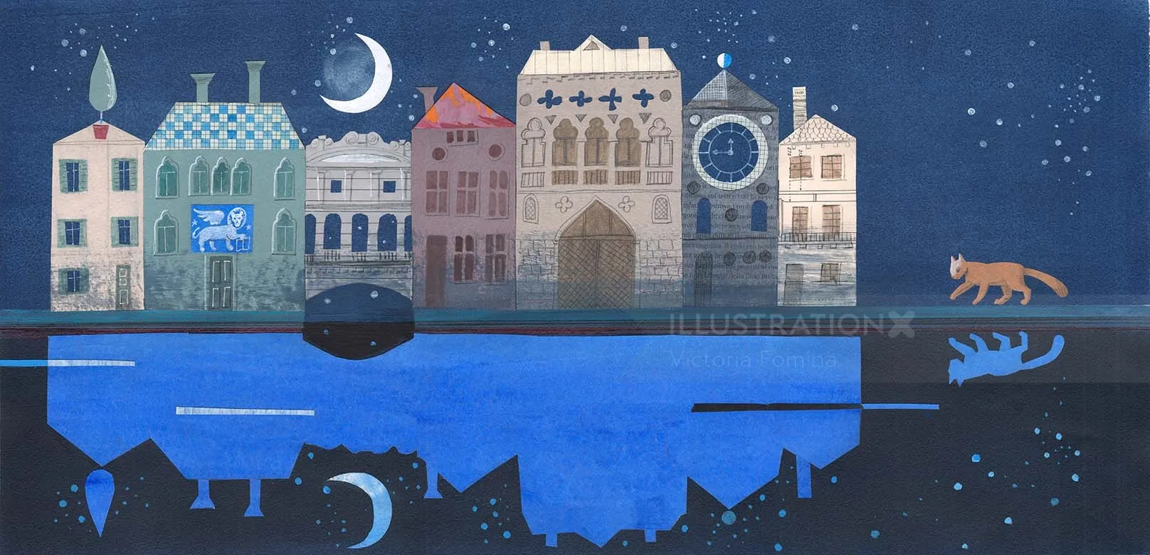 Cityscape with moon, stars, buildings, and cat by Victoria Fomina