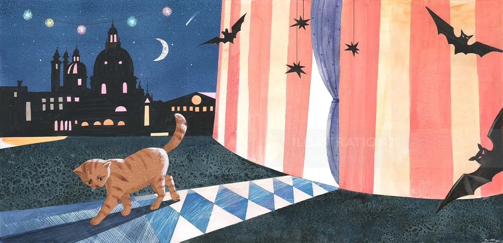 Cat walking in striped room toward night cityscape with bats by Victoria Fomina