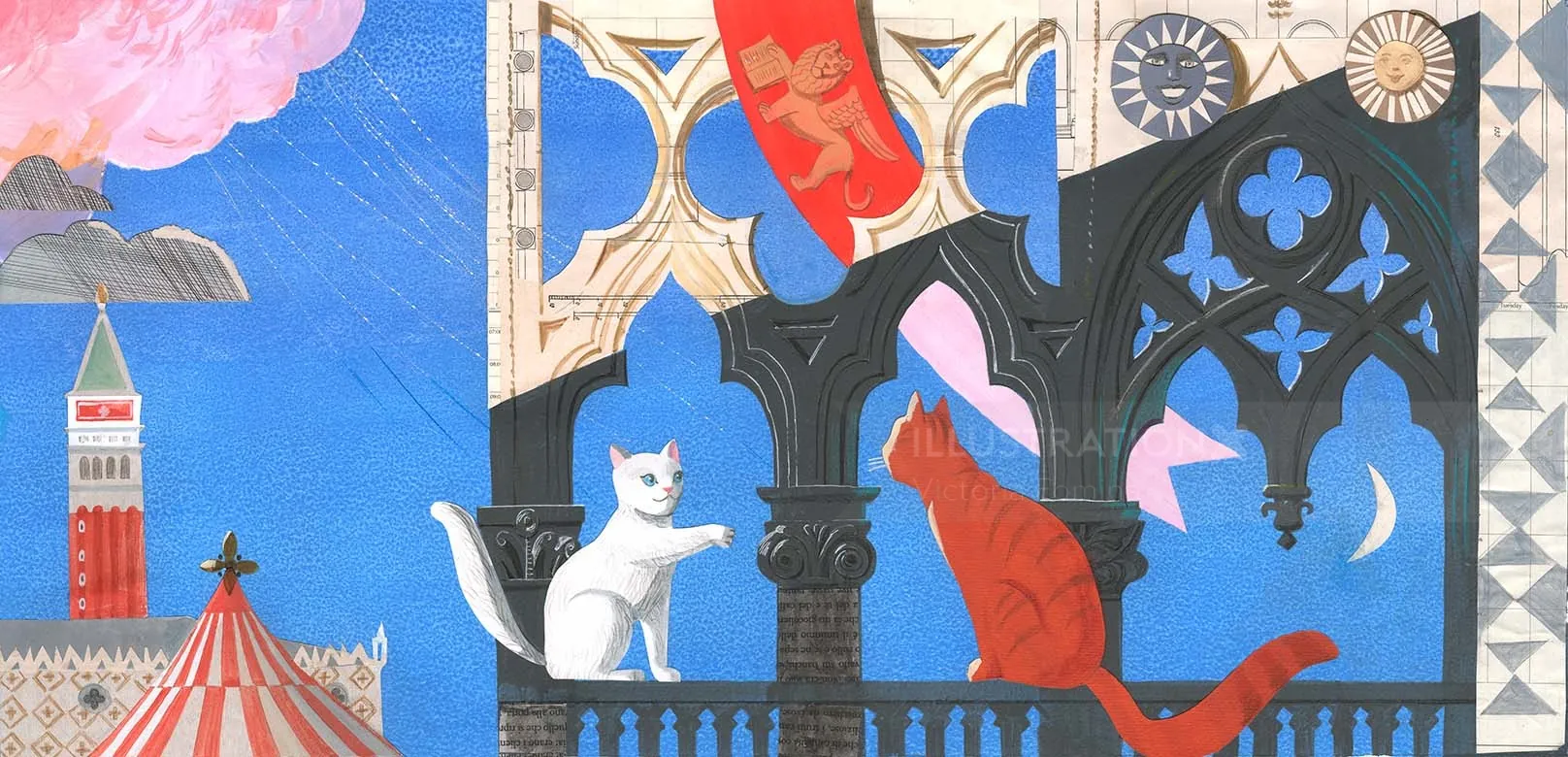 Two cats on gothic balcony under moonlight by Victoria Fomina