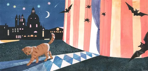 Cat walking by open window at night with bats and city silhouette by Victoria Fomina