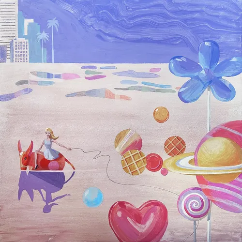 Victoria Fomina artwork with a pastel beach, candy planets, flower, heart, and ringed planet