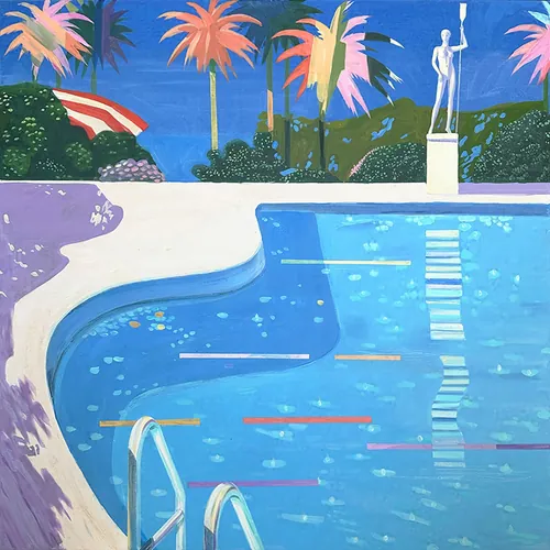 Tropical pool scene with palm trees and statue by Victoria Fomina