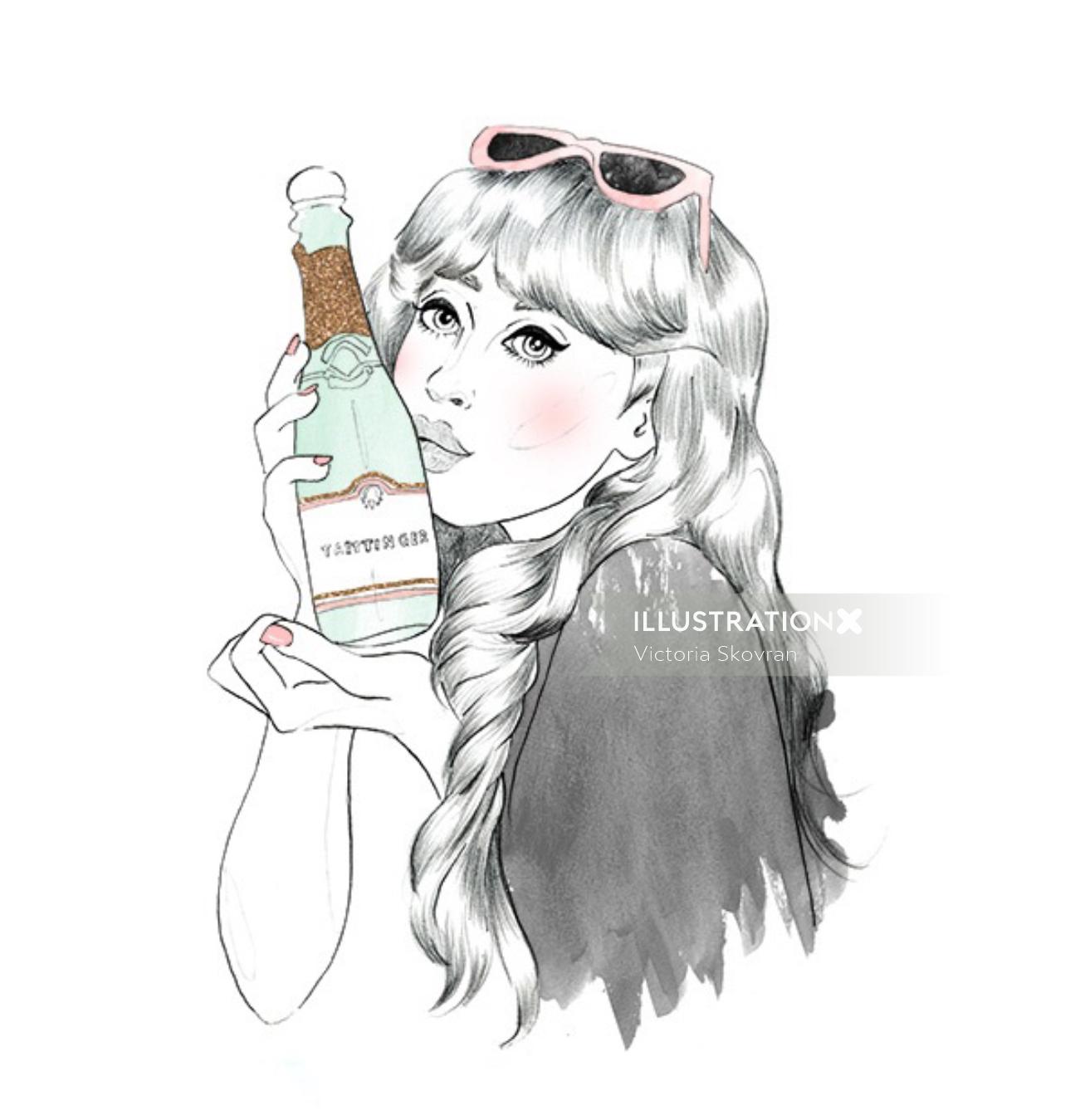 Ilustración de una dama sosteniendo una botella