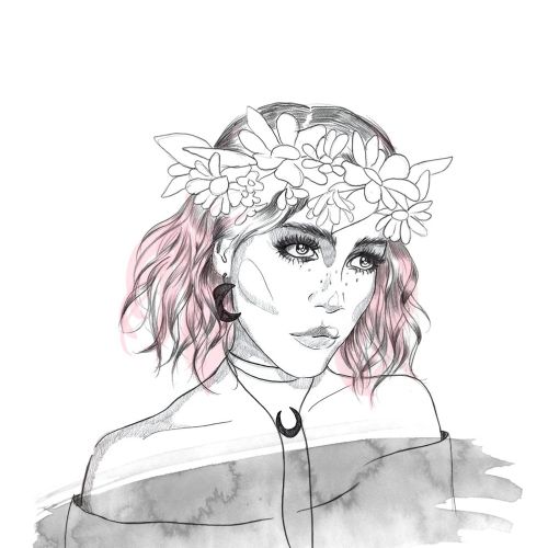 Lady wearing flower crown drawing