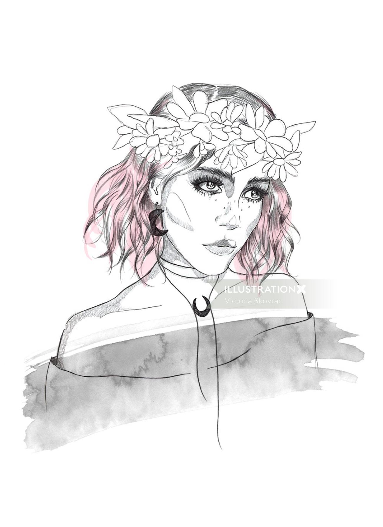 Lady wearing flower crown drawing