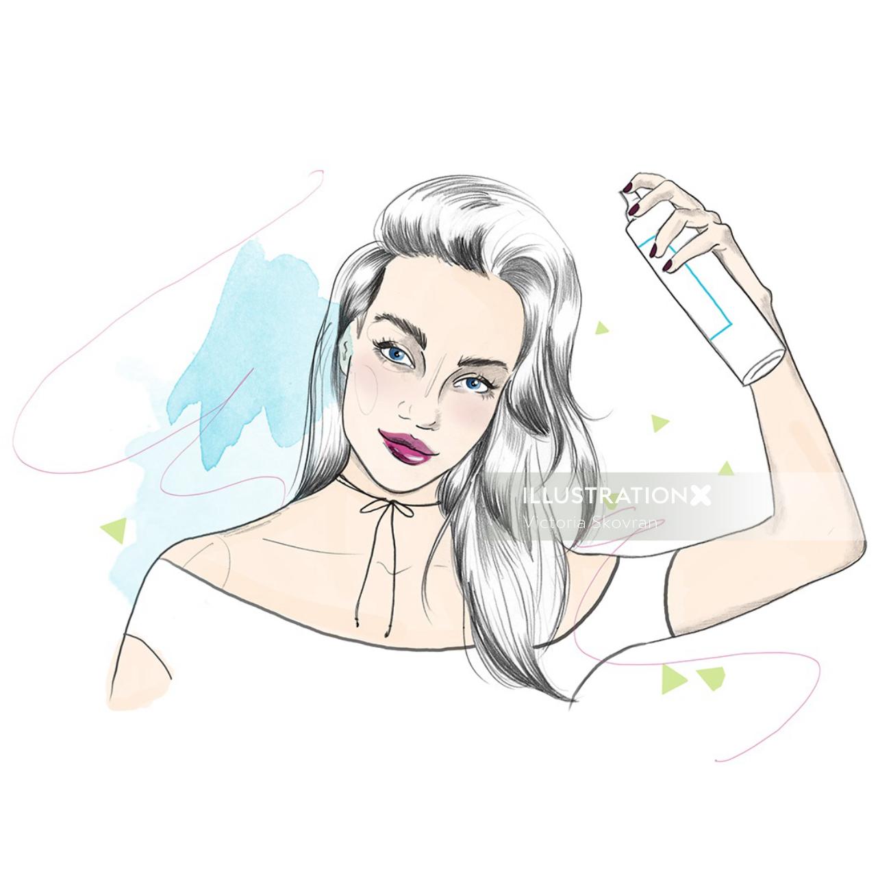 Beauty illustration of a lady applying hair spray