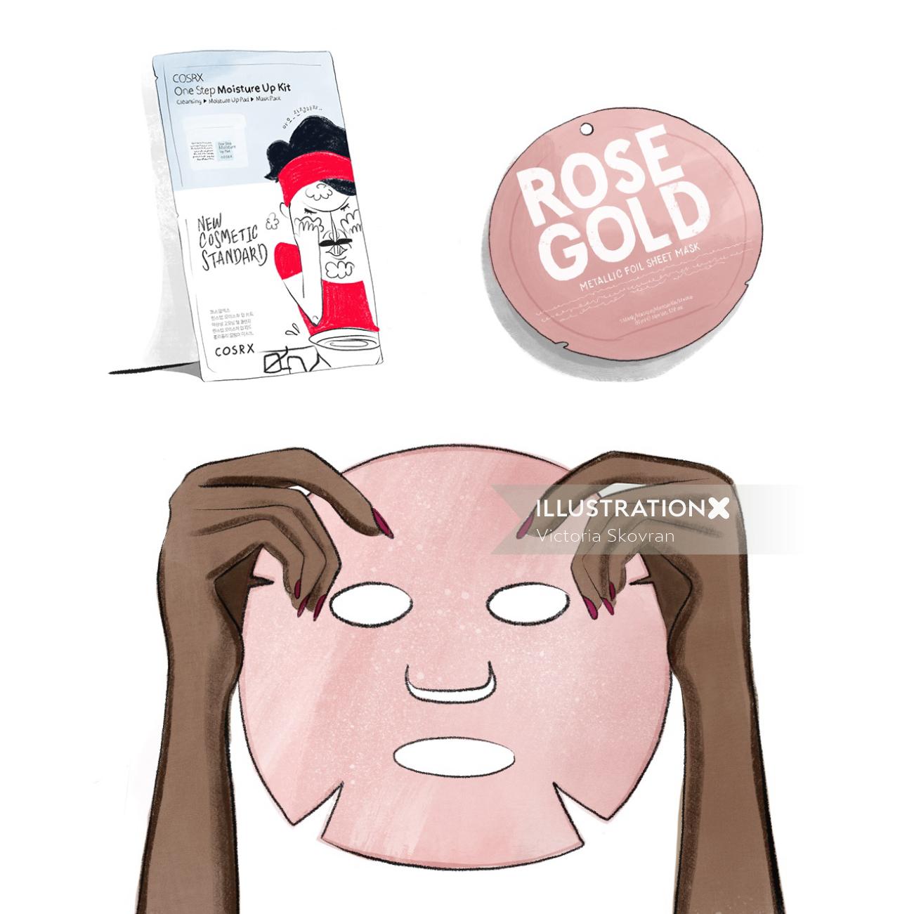 Ilustración para máscara facial de oro rosa.