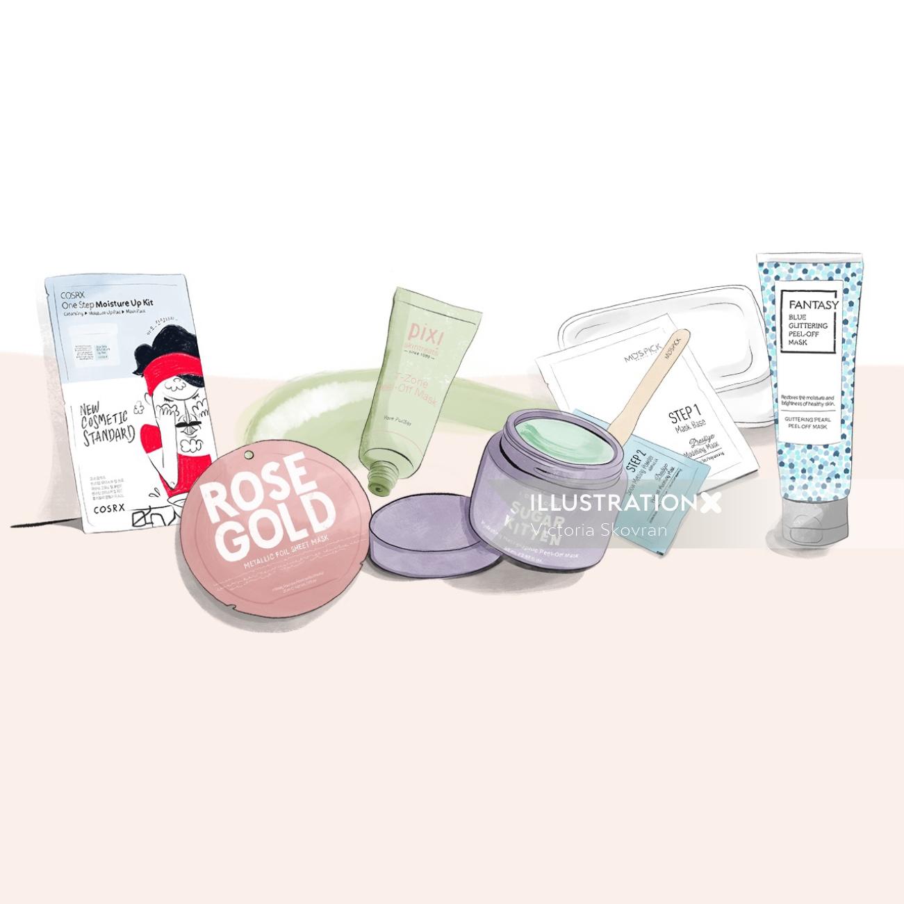 Ilustración de productos de belleza para el cuidado de la piel.