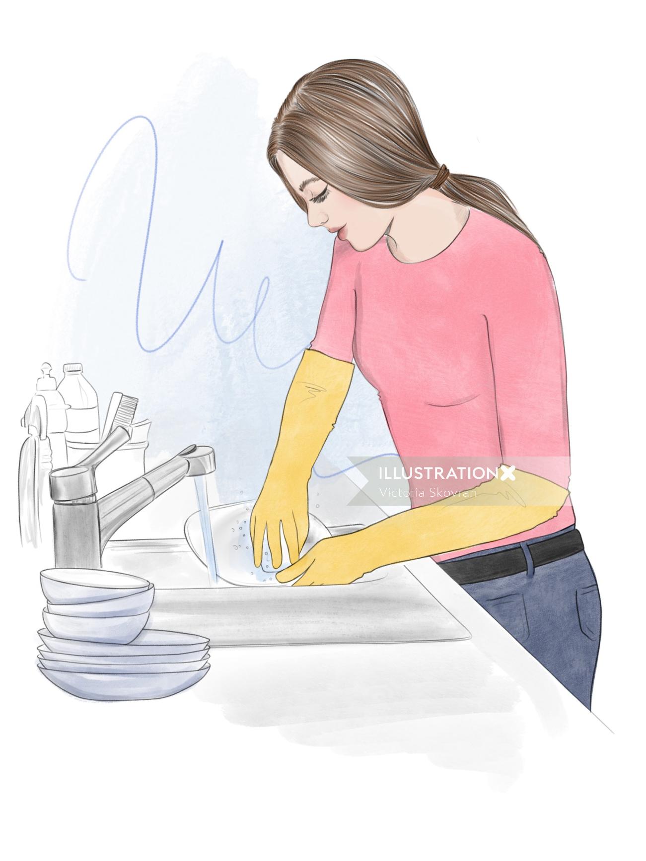 お皿を洗う人女性